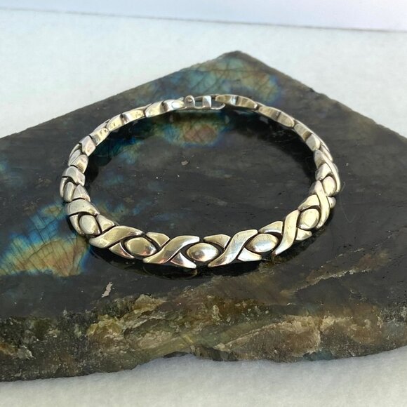 VTG Sterling Silver 925 Mexico Heavy Modernist 6MM XO Link Bracelet Sz 7.5" 24g - Picture 2 of 16